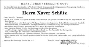 Traueranzeige Xaver Schütz