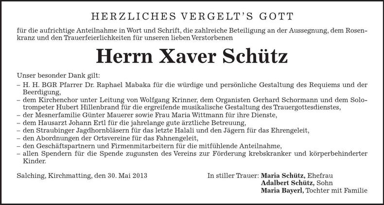 Traueranzeige Xaver Schütz