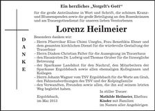 Traueranzeige Lorenz Heilmeier