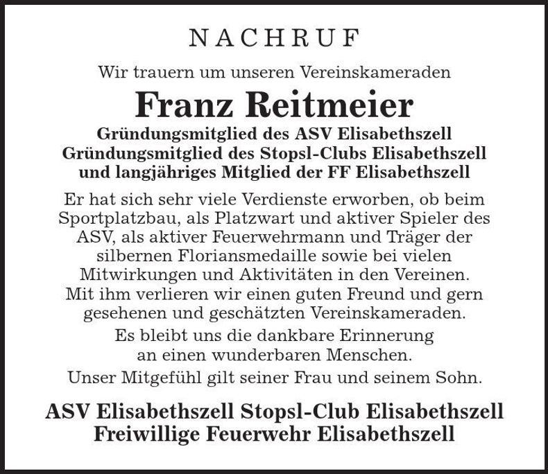 Traueranzeige Franz Reitmeier