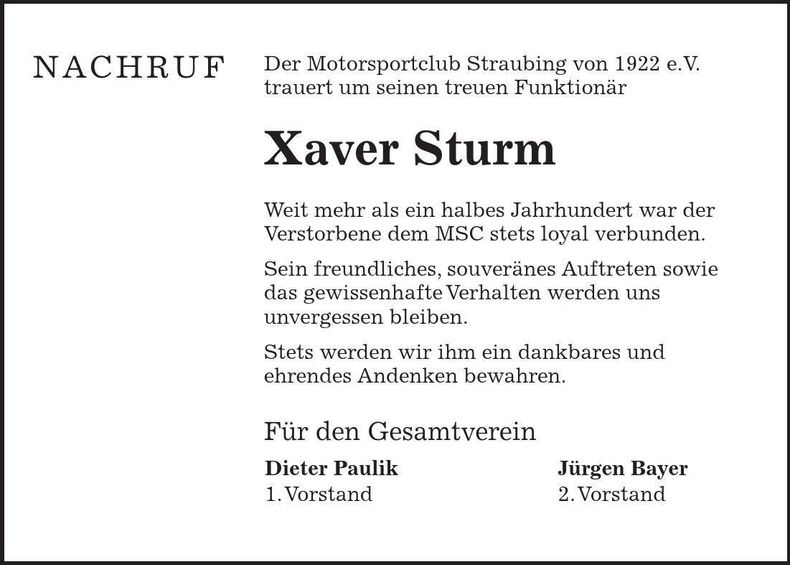 Traueranzeige Xaver Sturm