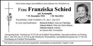 Traueranzeige Franziska Schied