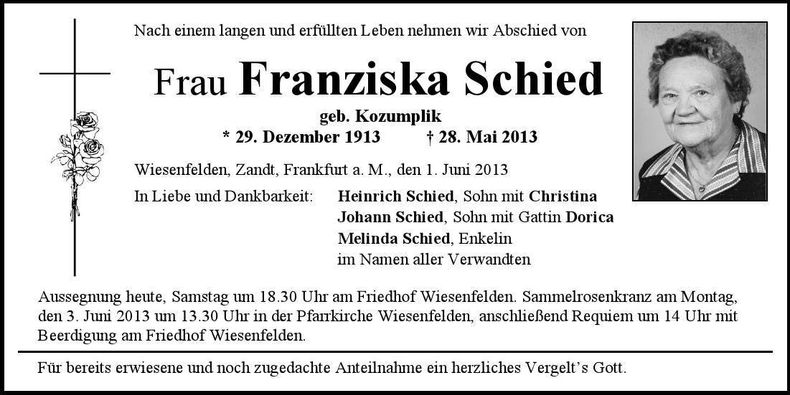 Traueranzeige Franziska Schied