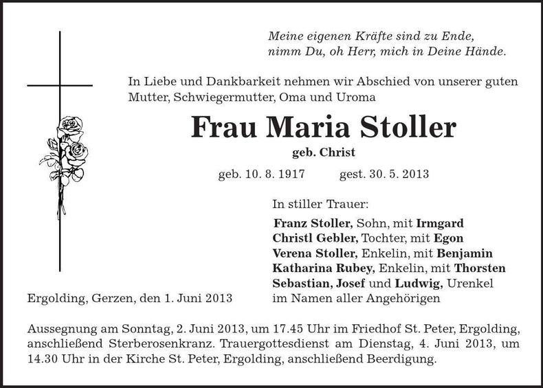 Traueranzeige Maria Stoller