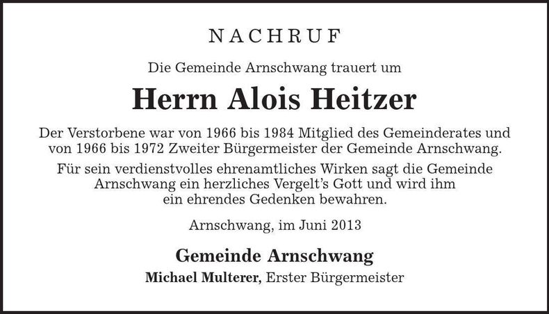 Traueranzeige Alois Heitzer
