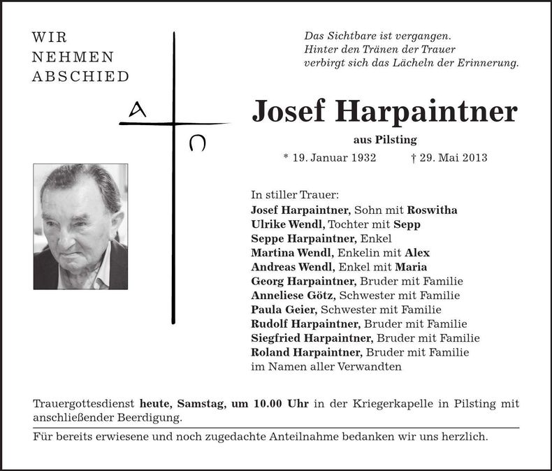 Traueranzeige Josef Harpaintner