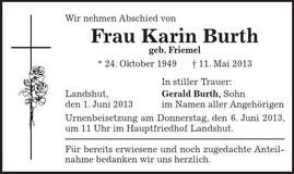Traueranzeige Karin Burth
