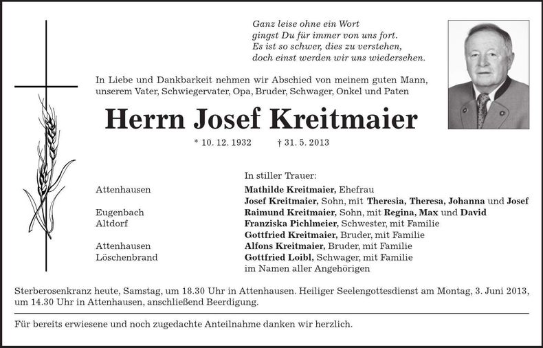 Traueranzeige Josef Kreitmaier