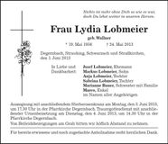 Traueranzeige Lydia Lobmeier