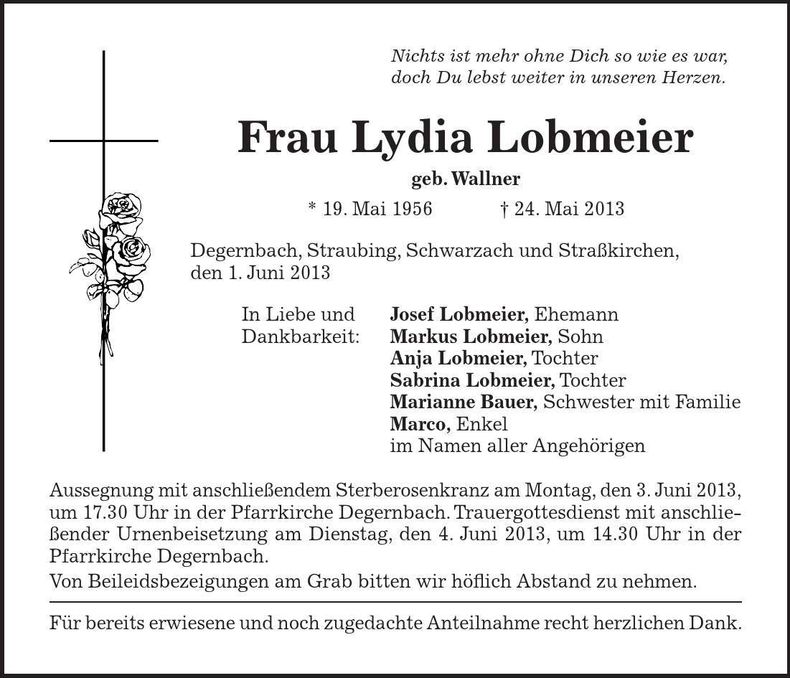 Traueranzeige Lydia Lobmeier