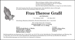 Traueranzeige Therese Graßl