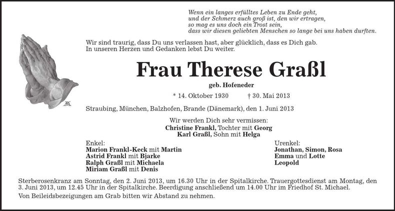 Traueranzeige Therese Graßl