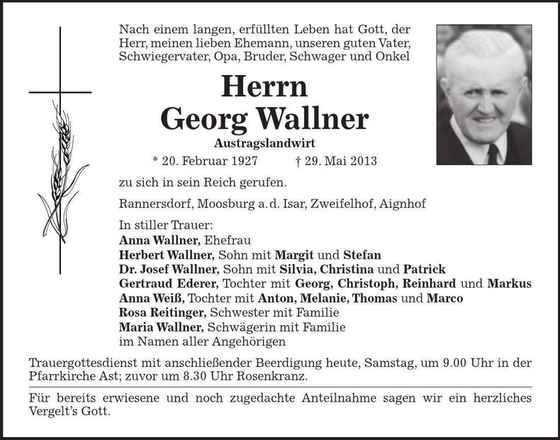 Traueranzeige Georg Wallner