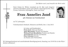 Traueranzeige Anneliese Jaud