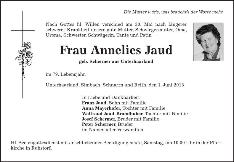 Traueranzeige Anneliese Jaud