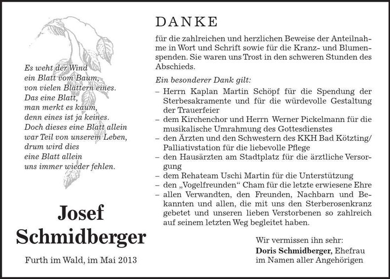 Traueranzeige Josef Schmidberger