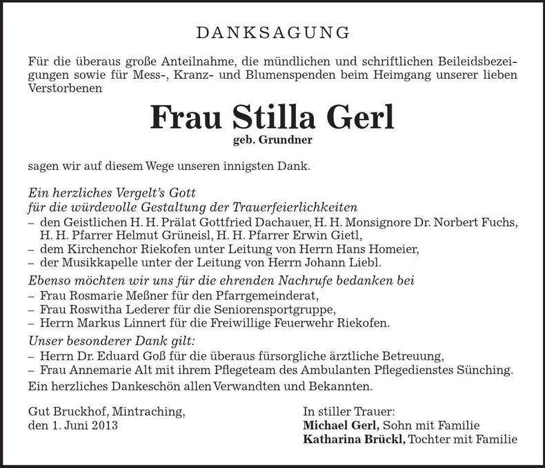 Traueranzeige Stilla Gerl