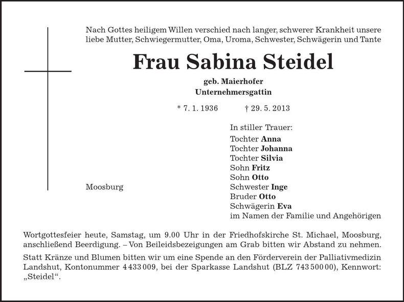 Traueranzeige Sabina Steidel