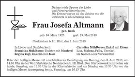 Traueranzeige Josefa Altmann