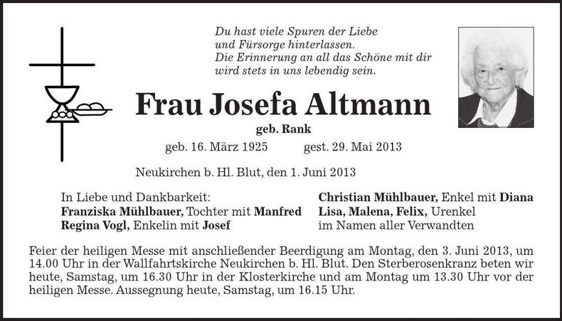 Traueranzeige Josefa Altmann