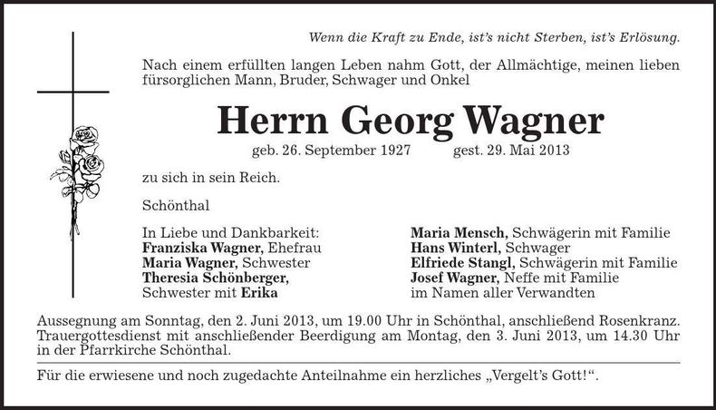 Traueranzeige Georg Wagner