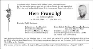 Traueranzeige Franz Igl