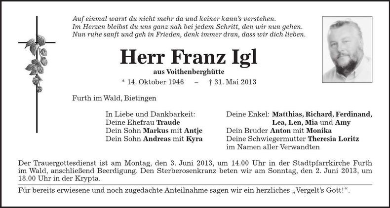 Traueranzeige Franz Igl