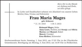 Traueranzeige Maria Mages