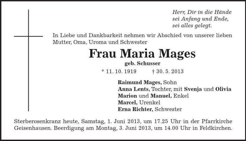 Traueranzeige Maria Mages