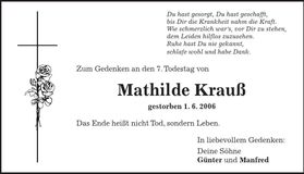 Traueranzeige Mathilde Krauß