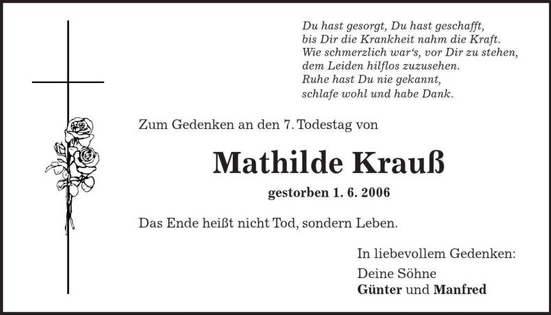 Traueranzeige Mathilde Krauß