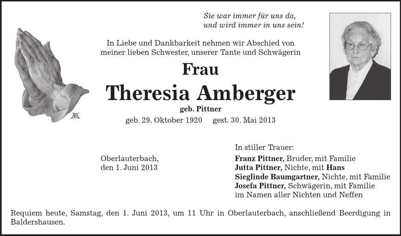 Traueranzeige Theresia Amberger