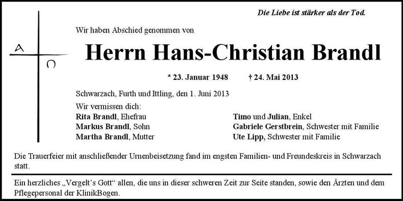 Traueranzeige Hans-Christian Brandl
