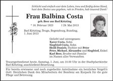 Traueranzeige Balbina Costa