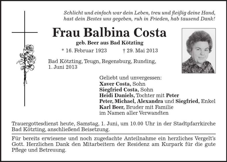 Traueranzeige Balbina Costa