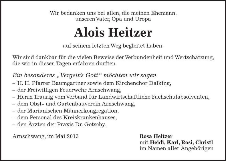 Traueranzeige Alois Heitzer