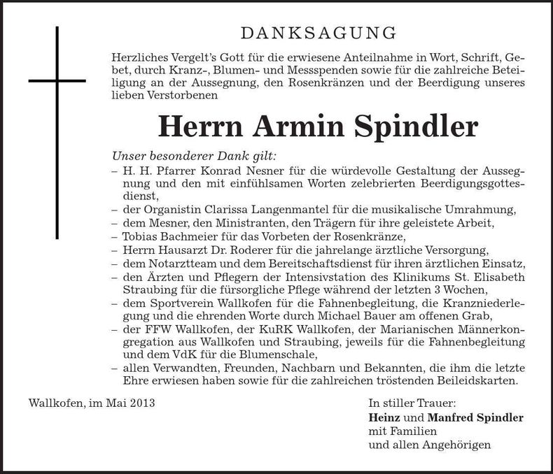 Traueranzeige Armin Spindler