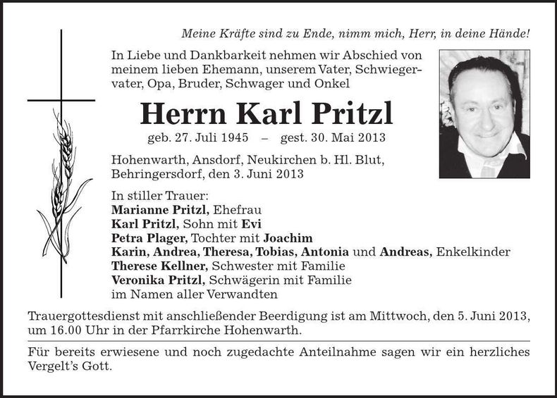 Traueranzeige Karl Pritzl