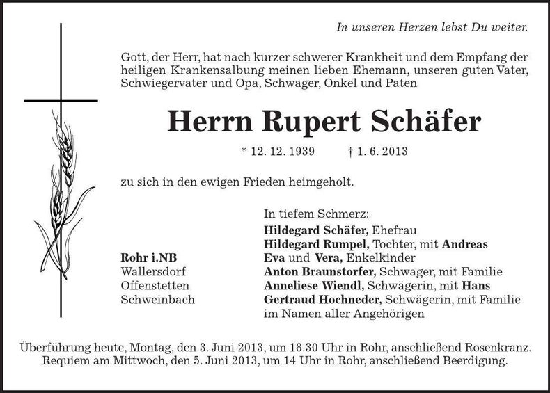Traueranzeige Rupert Schäfer