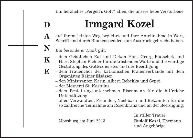 Traueranzeige Irmgard Kozel