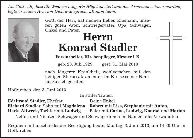 Traueranzeige Konrad Stadler