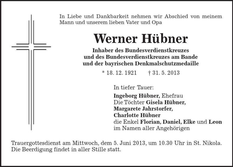 Traueranzeige Werner Hübner