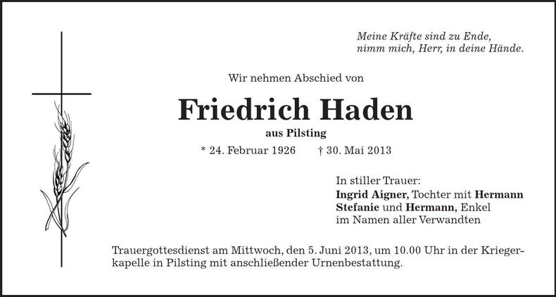 Traueranzeige Friedrich Haden