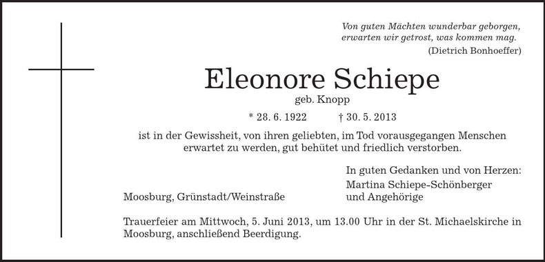 Traueranzeige Eleonore Schiepe