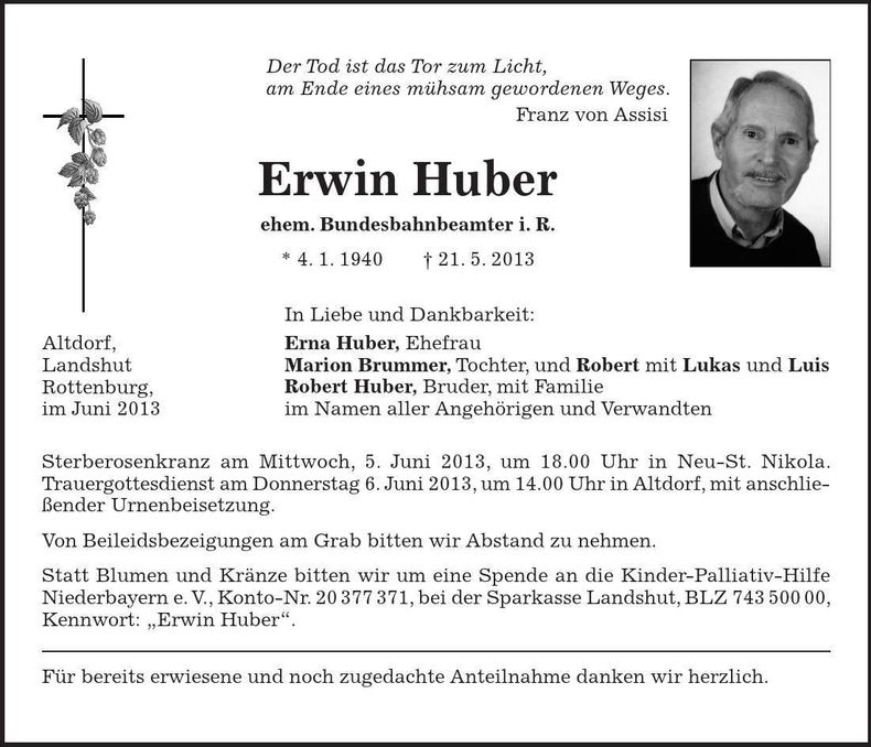 Traueranzeige Erwin Huber