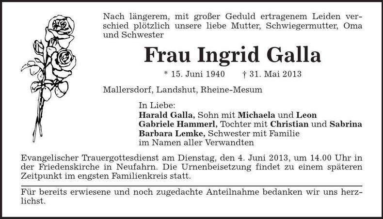 Traueranzeige Ingrid Galla