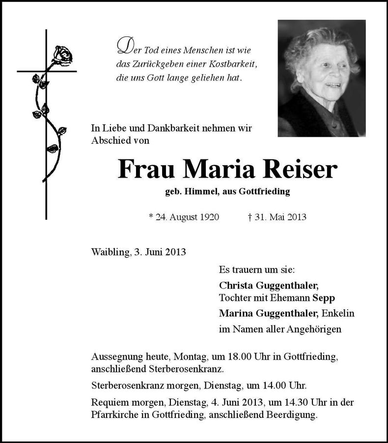 Traueranzeige Maria Reiser
