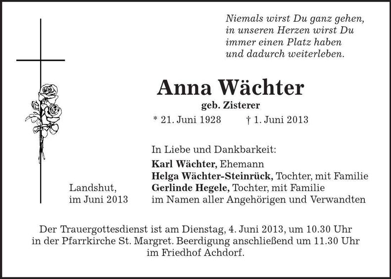 Traueranzeige Anna Wächter