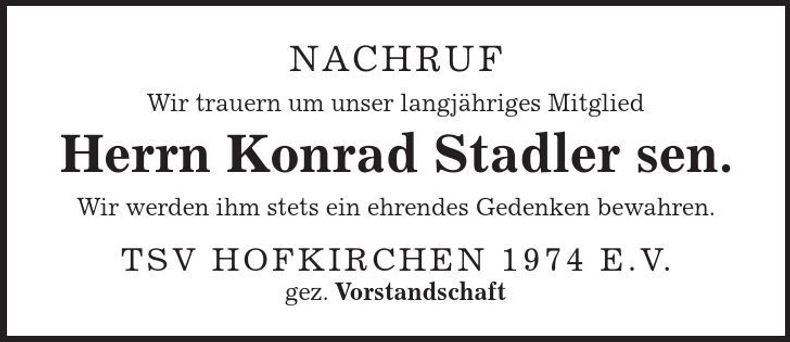 Traueranzeige Konrad Stadler
