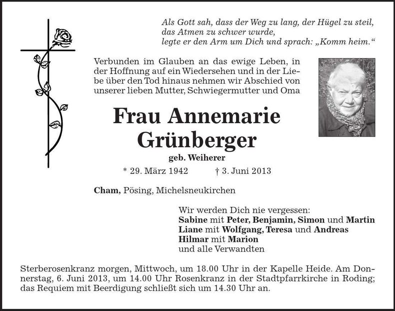 Traueranzeige Annemarie Grünberger